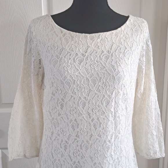 Sequin Heart Lined Lace Stretch Shift 3/4 Sleeve Chic Fitted Formal Dress - Picture 2 of 10